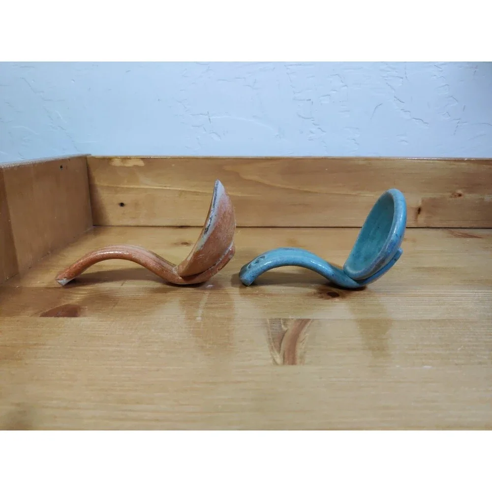 Lot Of 2 Hopi Pottery Ladle Spoon Set Beautifully Shaped Polished Peach Blue